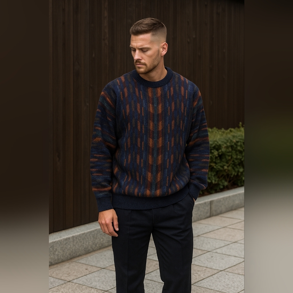 Norm Thompson Wool Blend Vertical Chevron Crewneck Coogi Style XL Sweater New